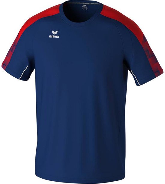 Donkerblauw Erima sportshirt met rode details op de schouders en mouwen. Wit biesje langs de mouwen.