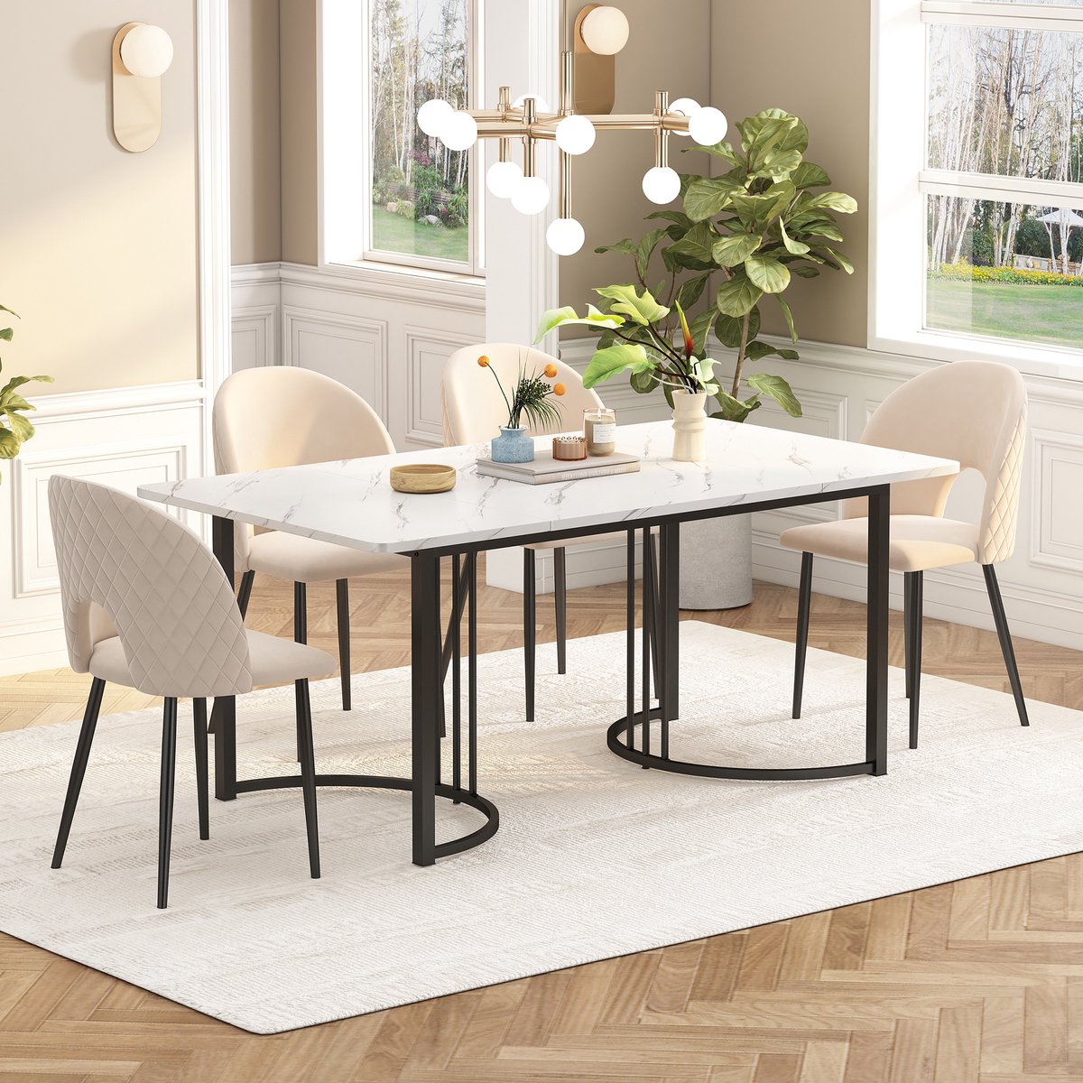 Wishdor - Eettafel - Rechthoekig Met Marmerpatroon En Verstelbare Poten - Modern - Voor Eetkamer - MDF En Metaal - Wit - 140 x 80 x 75 cm