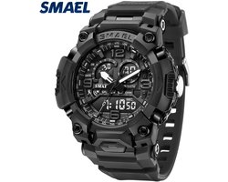 sportief zwart horloge dubbel scherm met tijd datum chronometer alarm waterdicht en led licht