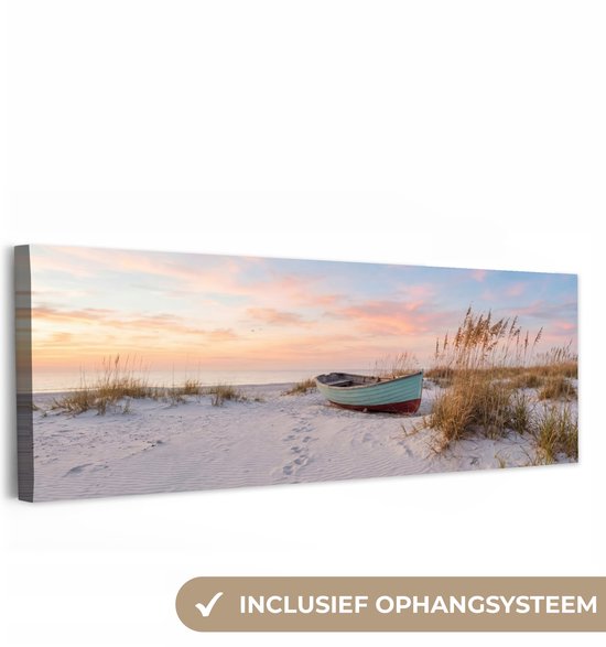 Canvas schilderij 120x40 cm - Exclusieve wanddecoratie Rustiek - Roeiboot - Zandstrand - Muurdecoratie woonkamer - Slaapkamer decoratie - Kamer accessoires - Schilderijen op canvas