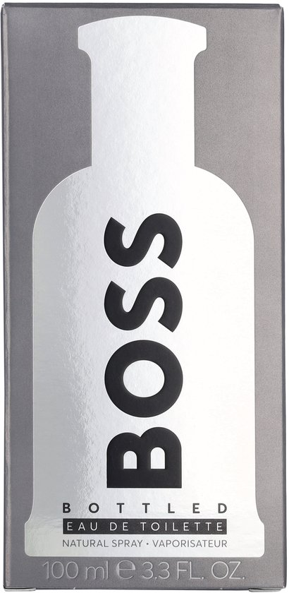 Een kartonnen verpakking van BOSS Bottled met een fleslogo en de tekst "100 ml e 3.3 FL. OZ."