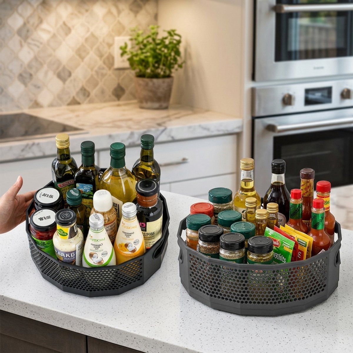Draaibaar Kruidenrek Set – 2 Stuks (Groot + Klein) – RVS Keuken Organizer 360° – Zwart Honingraat Design – Opbergrek voor Kruiden en Flessen