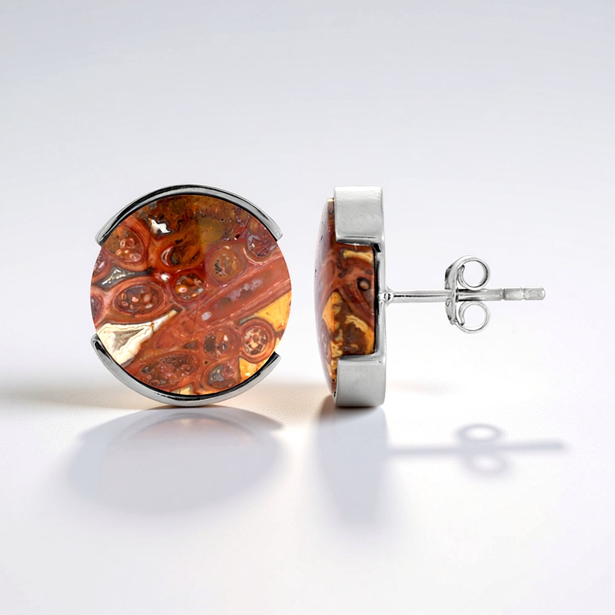 Cavill - Zilveren Oorbellen met Versteend Palmhout - 925 Sterling Zilver Geplatineerd - 12 5 ct Ronde Cabochon 11 mm - Elegante Natuurlijke Steen