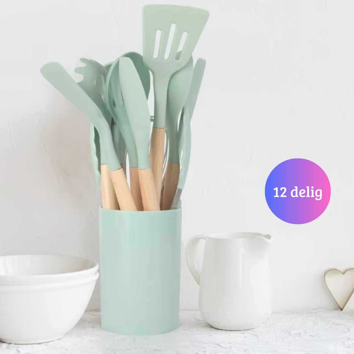 Janse® Siliconen keukengerei set 12 delig groen - Kookgerei - Spatel - Tang - Opscheplepel - Garde - Keukenset met houder