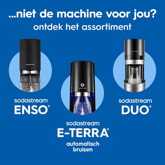 Drie SodaStream machines: Enso, E-Terra en Duo, met de tekst 'ontdek het assortiment'.