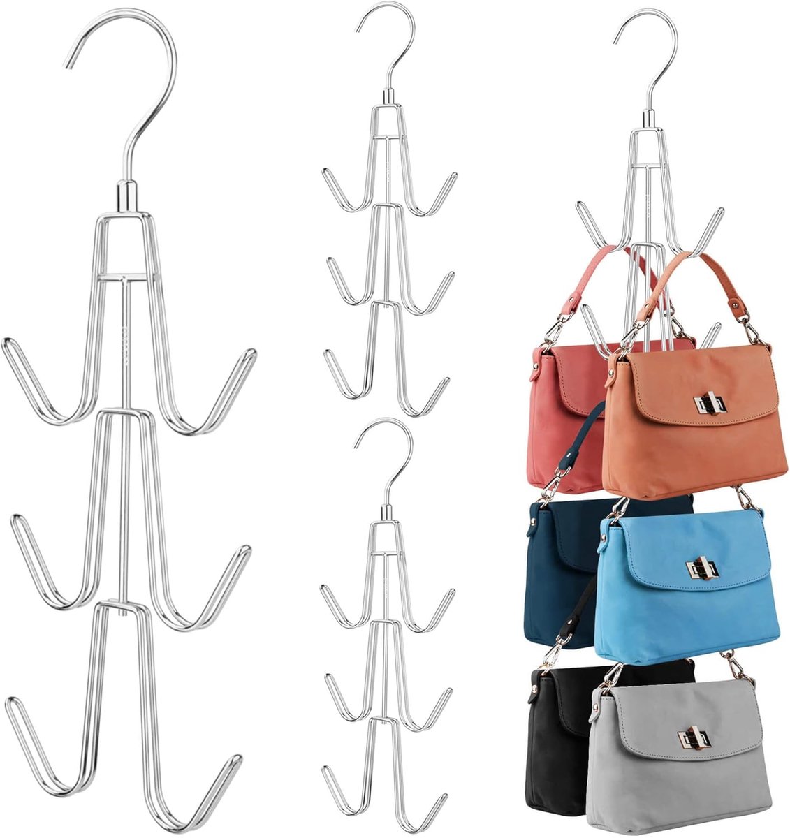 Portemonnee Hangers - Tas Houder - Kast Organiseren - Ruimtebesparend Metaal - 4 Stuks - Zilver