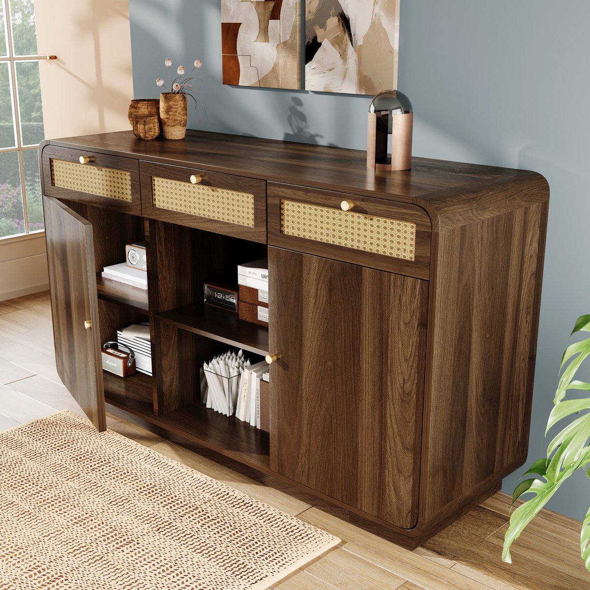 MODENUIT Dressoir - 3 Lades, 2 Deuren En Open Vak - Voor Woonkamer, Keuken En Hal - MDF En Spaanplaat - 120x40x85 Cm - Walnoot