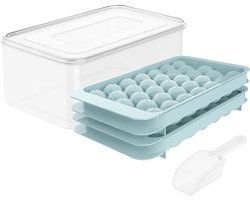IJsblokvormen - IJsbolvorm met 33 vakjes - Dubbellaagse ijsblokjesvorm met deksel en opbergdoos - Kleine ronde ijsbolletjes van 2,8 cm - IJsbolmaker - Gemakkelijk te ontvormen - Plastic ijsblokjesvorm voor cocktails en drankjes - Blauw
