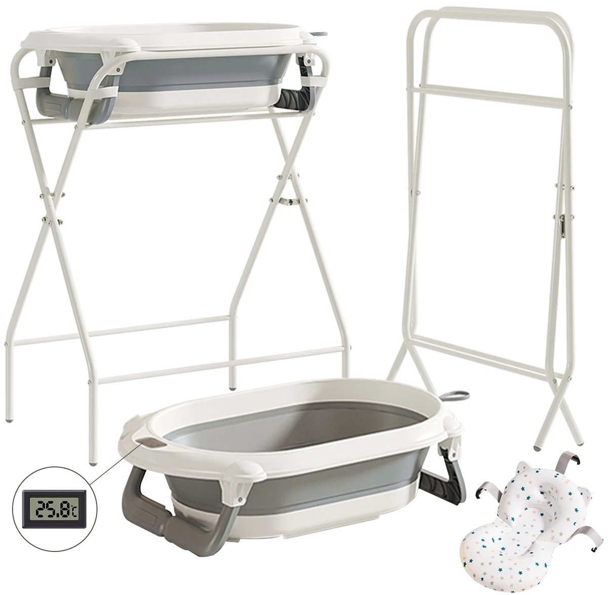 AURORAS- Luxe 3-in-1 Babybadje met Standaard – Opvouwbaar – Met Thermometer & Badkussen – Geschikt van Baby tot Peuter