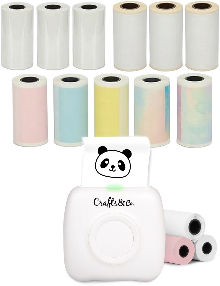 Crafts&Co Mini Pocket Printer - Combideal met 3x Stickerpapier, 3x Transparant en 5x Gekleurde Stickers - Wit