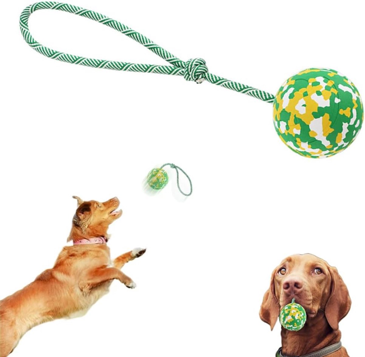 Interactief Hondenspeelgoed - Hondenbal Touw - Buiten Spelen - Bijtbestendig Natuurrubber - 6x6x6 cm - Camo Groen