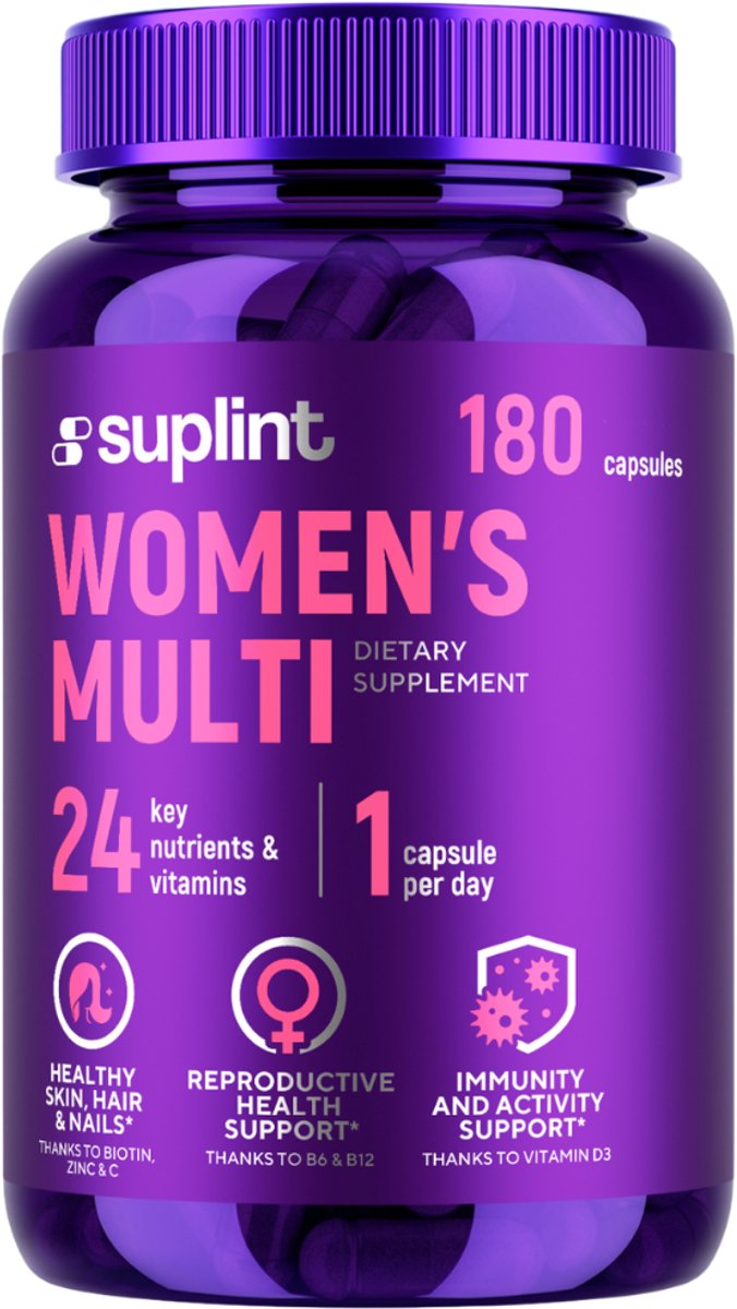 Multivitamine VROUW – 1 per dag – IJzer - Vitamine D3 - Biotine - Foliumzuur – Energie - Huid - Haar - Hormoonbalans – 180 capsules – Suplint