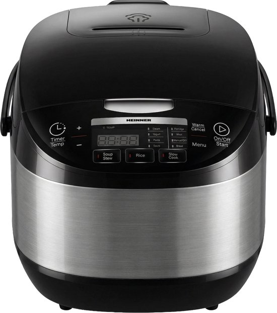 Zicht op het bedieningspaneel van een zwarte multicooker met functies zoals 'Soup', 'Stew', 'Rice', 'Steam'.