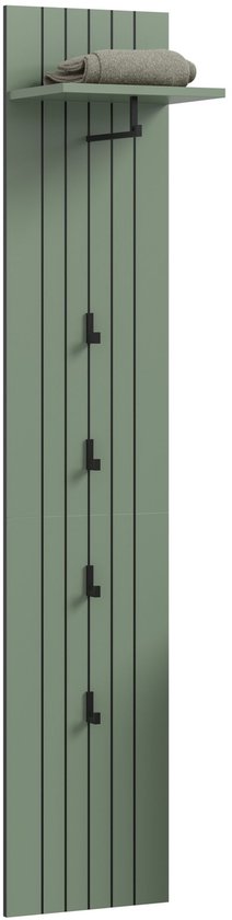 Saliegroen kapstokpaneel met zwarte verticale lamellen, vijf haken en een plank met een gevouwen handdoek.