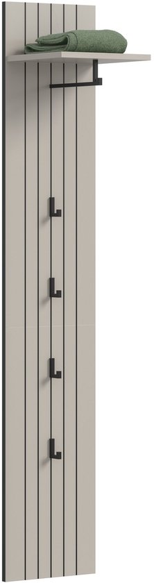 Lichtgrijs wandpaneel met zwarte verticale lijnen en vijf zwarte haken. Een groene handdoek ligt op een plank.