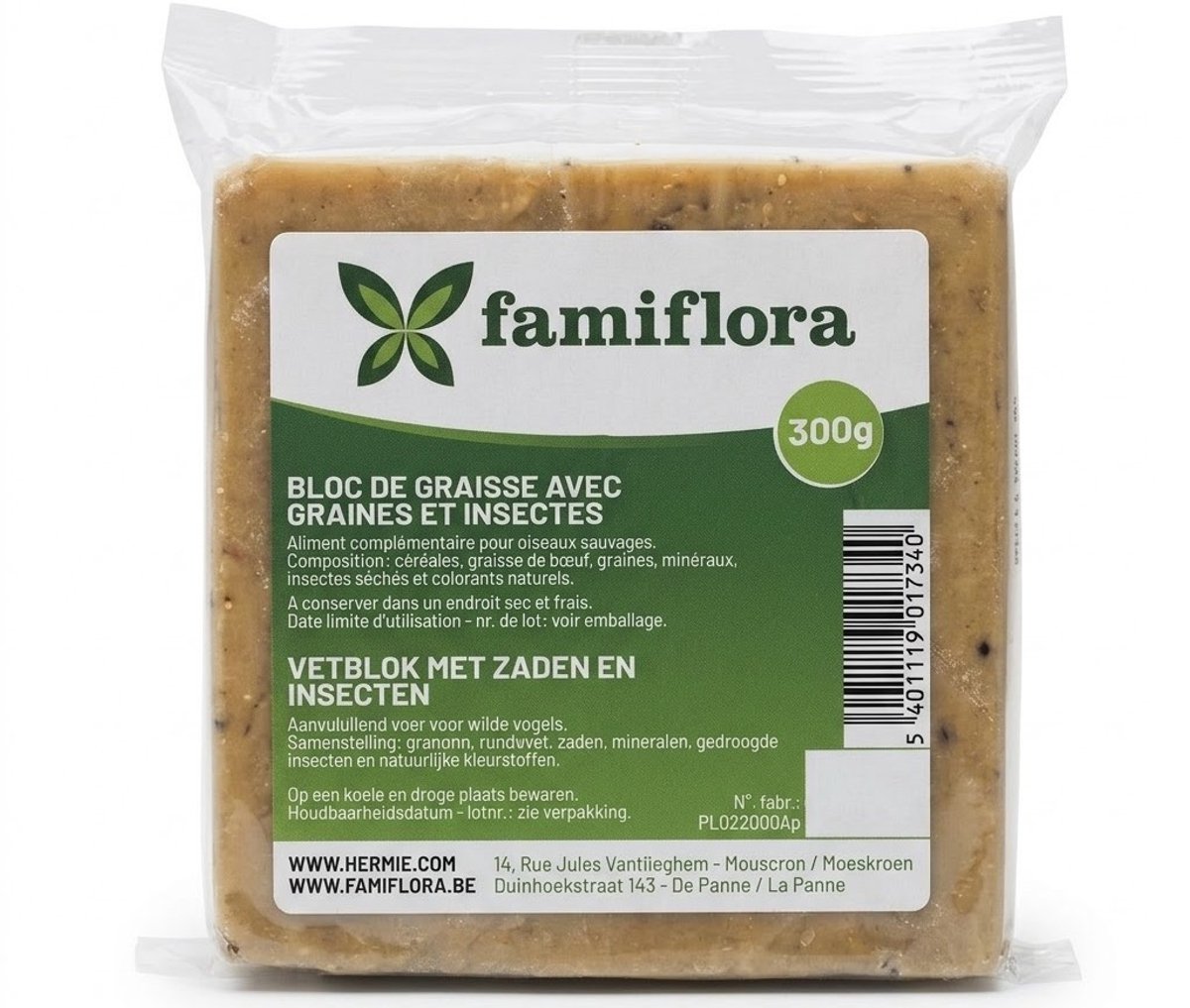 Famiflora vetblok voor buitenvogels - Zaden en Insecten - 300g - Bevat gedroogde insecten - Aangevuld met mineralen/calcium - Aanvullend voeder