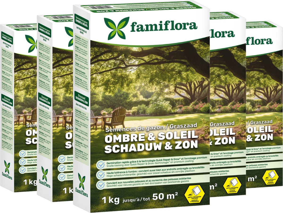 Famiflora graszaad 5kg tot 250m² (5 x 1KG) - Schaduw & zon - ideaal voor een schaduwgazon - Goed voor een gazon tot 50 m² - Hoge schaduwtolerantie - Voor een vol & egaal gazon