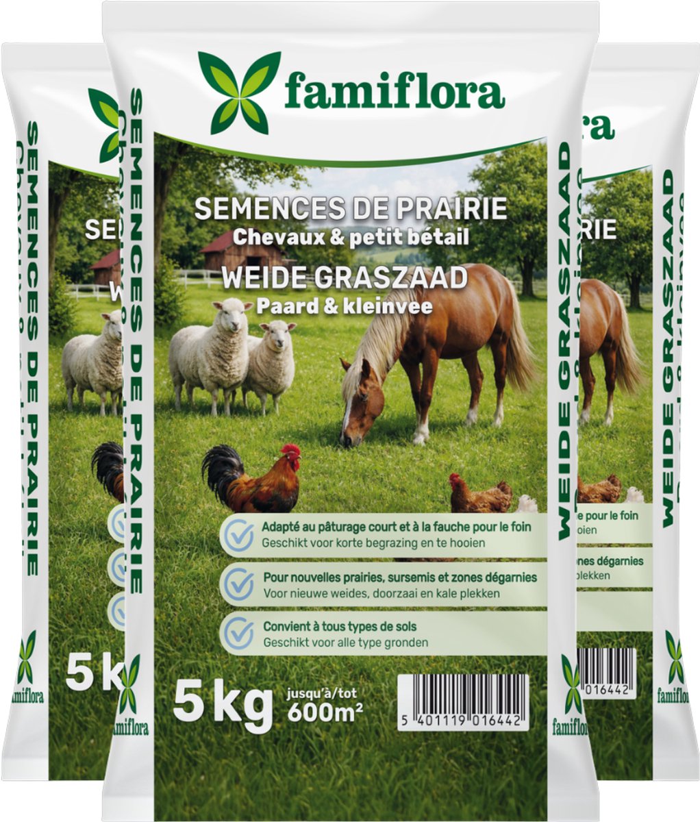 Famiflora graszaad 15kg tot 1800m² (3 x 5KG) - Weide Graszaad - Voor paard & kleinvee - Geschikt voor een weide tot 600m² - Voor paard & kleinvee - Voedzaam & smakelijk