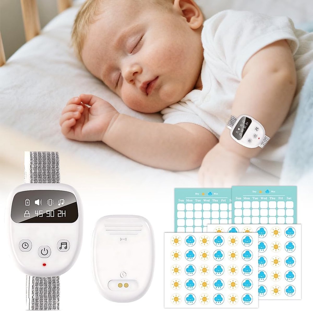 Zindelijkheid Alarm - Bedplas Melder - Kinderen Trainen - Draadloos met Afstandsbediening - 11 x 9 x 5 cm - Wit