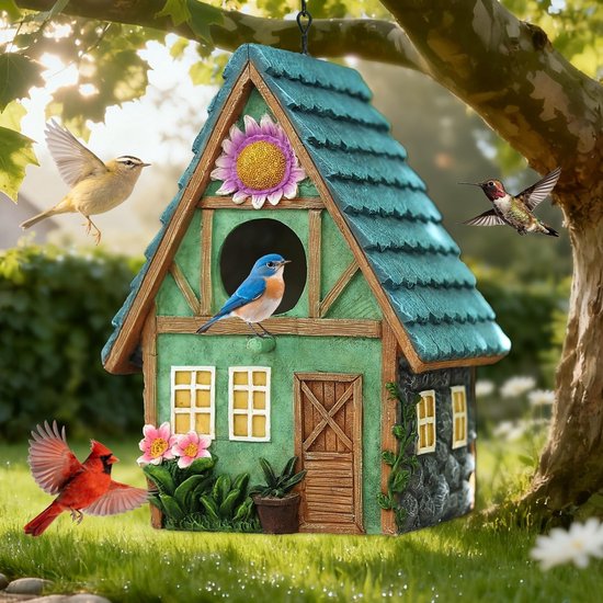Vogelhuisje in Landelijke Stijl Om Op Te Hangen, Versierd Met Bloemmotieven – Handgeschilderd Vogelhuisje Van Kunsthars Voor Buiten, Geschikt Voor Kleine Vogels Om in De Tuin, Op Het Terras of In De Binnenplaats Te Nestelen