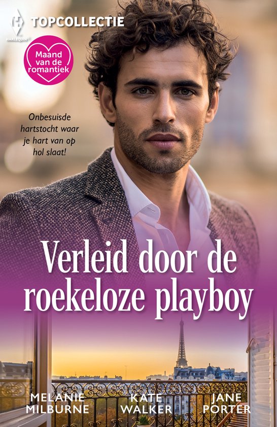 Man met krullend haar, gekleed in een wit overhemd en een jasje met HARRLEQUIN logo, met tekst 'Verleid door de roekeloze playboy'.