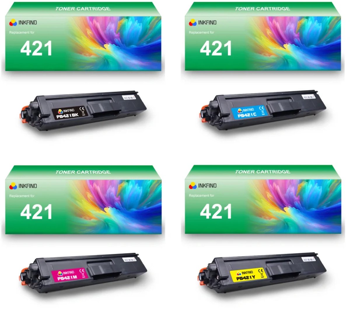 INKFIND TN421 tonercartridge multipack van 4 stuks (Zwart+Cyaan+Magenta+Geel) compatibel met Brother TN421BK/TN421C/TN421M/TN421Y TN-421BK/TN-421C/TN-421M/TN-421Y (Zwart+Cyaan+Magenta+Geel) toner cartridge -4-pack BK/C/M/Y