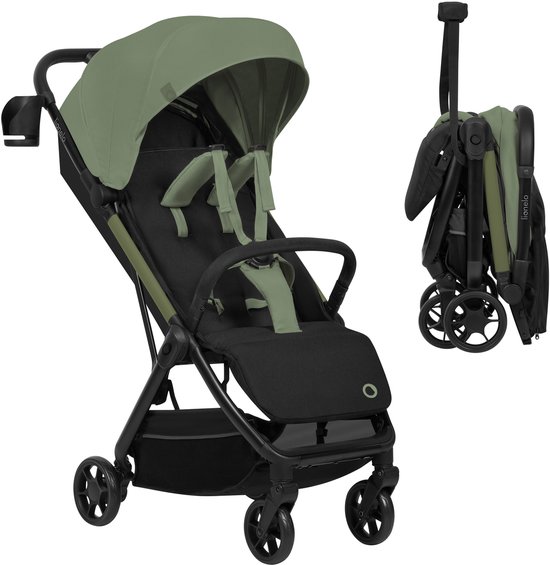 Zwarte en lichtgroene buggy, ook getoond in opgevouwen staat hangend aan een draagband.