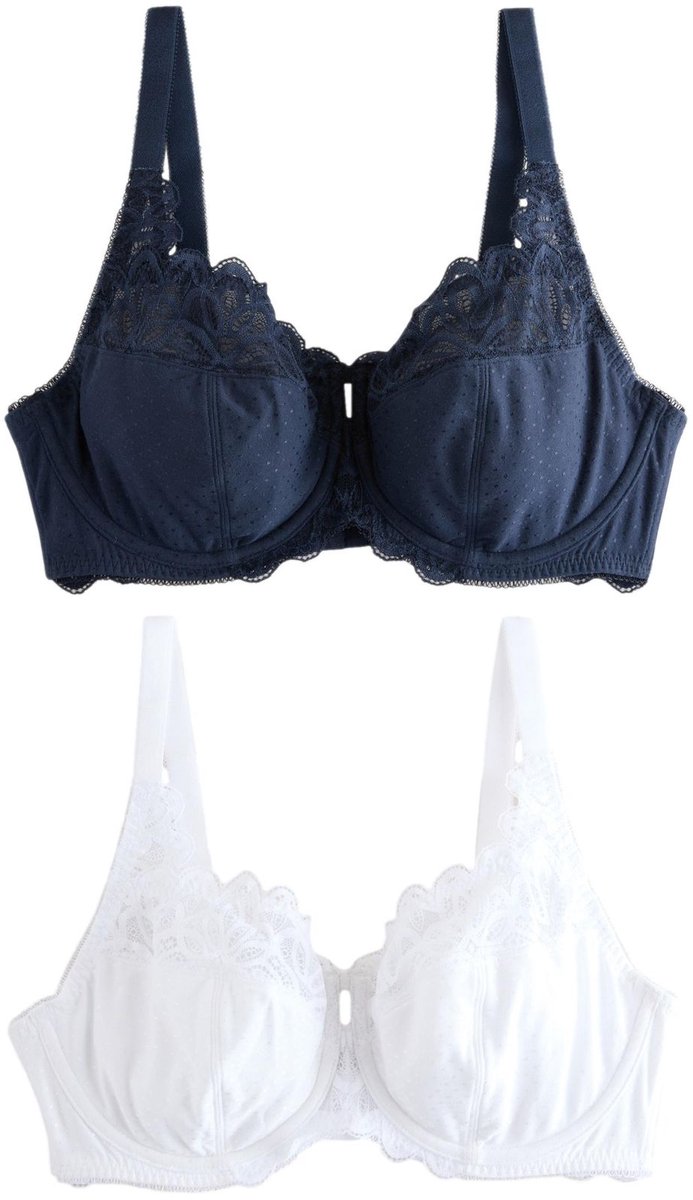 Next Dames - Set van 2 DD+ beha's zonder vulling met volledige cups, van model en kant - Blauw Navy/White