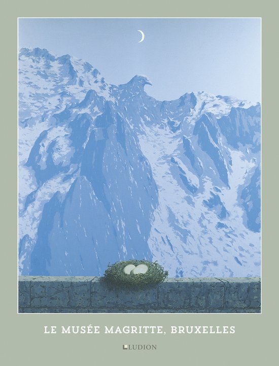 Een nest met twee eieren op een stenen muur met op de achtergrond een berglandschap en een maan.