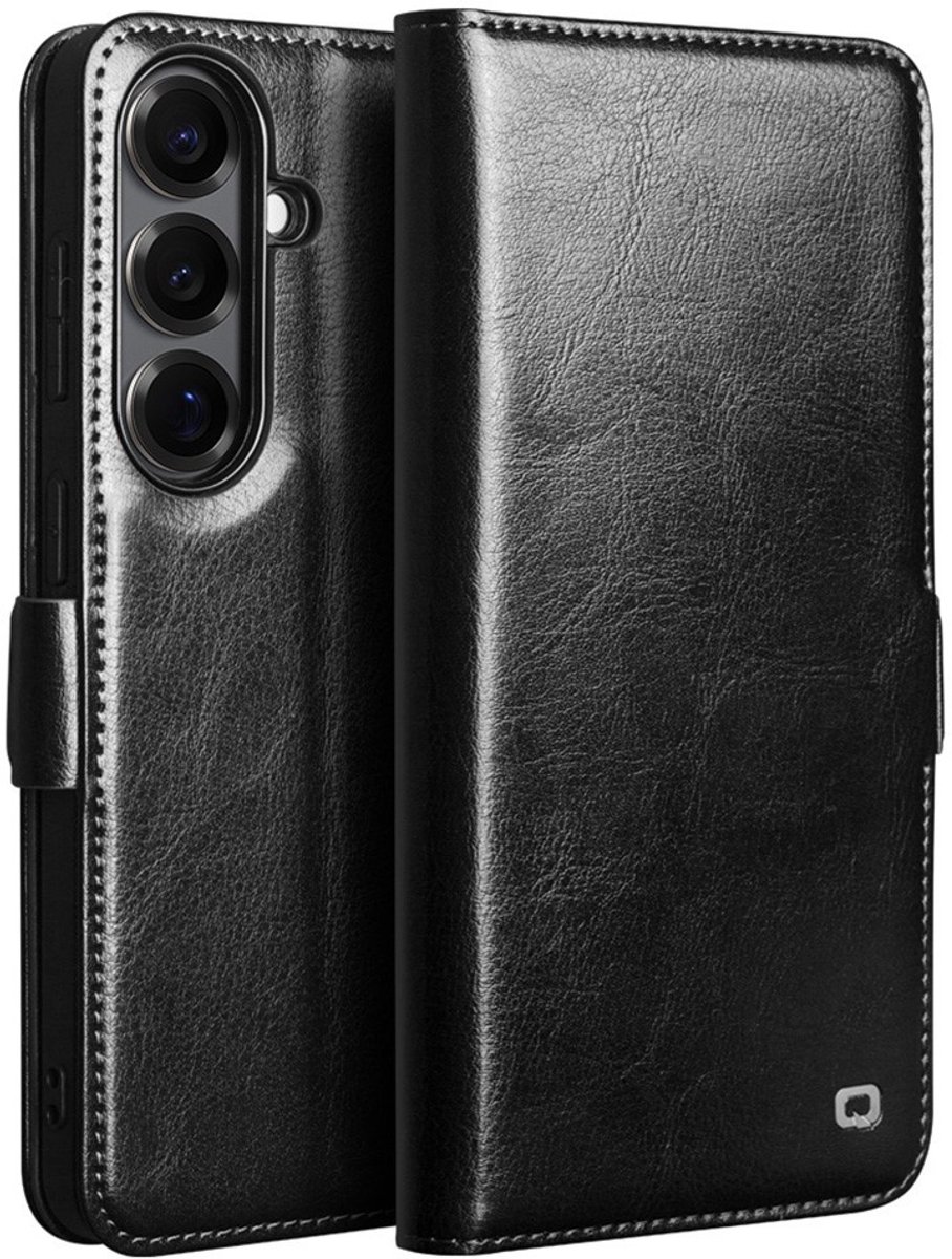Qialino Geschikt voor Samsung Galaxy S26 Plus hoesje - Leren bookcase - Magnetische sluiting - Zwart