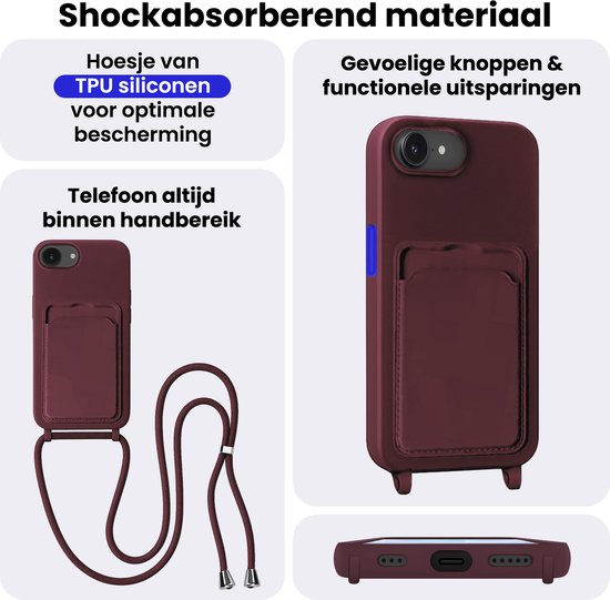 Auberginekleurig telefoonhoesje van TPU siliconen met kaarthouder, koord, en aandacht voor knoppen en uitsparingen.