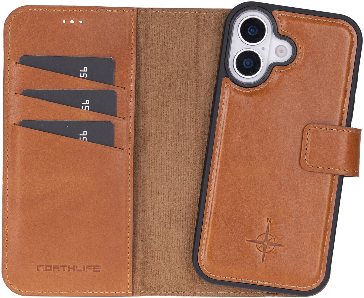 NorthLife Geschikt voor iPhone 17 - Leren Afneembare 2-in-1 bookcase telefoonhoes - Cognac