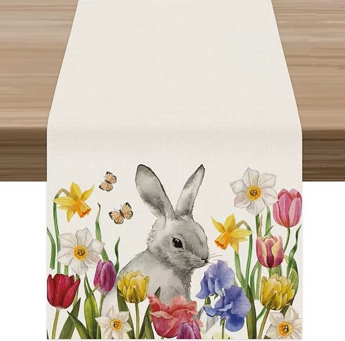 Tafelkleed Pasen - Paashaas tussen bloemetjes - 33 x 180 cm - Linnen - Tafelloper - Paasdecoratie - Paasversiering - Paashaas - Pasen Tafelkleed - Lente Decoratie