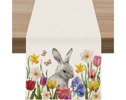 Tafelkleed Pasen - Paashaas tussen bloemetjes - 33 x 180 cm - Linnen - Tafelloper - Paasdecoratie - Paasversiering - Paashaas - Pasen Tafelkleed - Lente Decoratie
