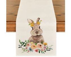 Tafelkleed Pasen - Paashaas met bloemetjes - 33 x 180 cm - Linnen - Tafelloper - Paasdecoratie - Paasversiering - Paashaas - Pasen Tafelkleed - Lente Decoratie