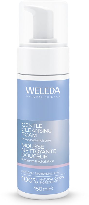 Weleda gezichtsreiniger met blauwe en roze accenten. 100% natuurlijke oorsprong. Biologisch marshmallow extract. 150ml.