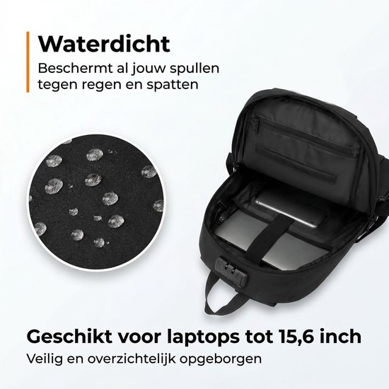 Zwarte rugzak met een vak voor een 15,6 inch laptop en een close-up van waterdruppels op de stof.