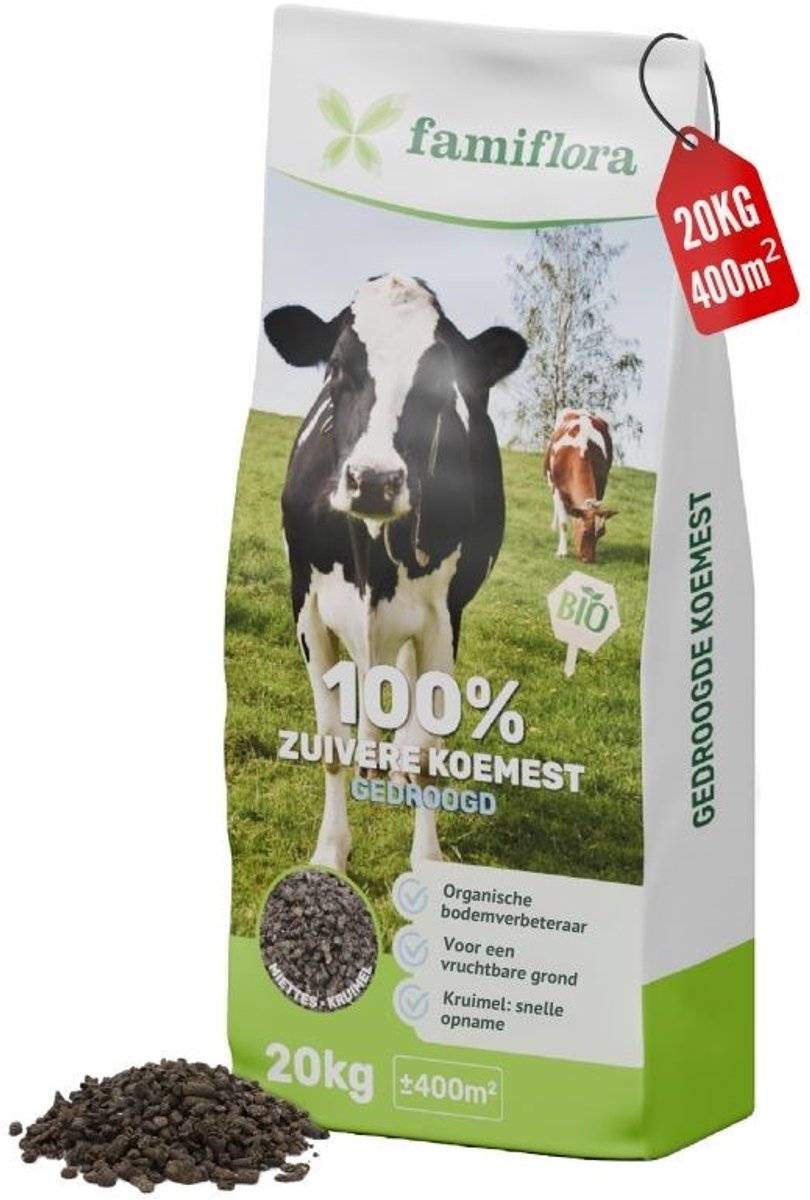 Famiflora meststof - gedroogde koemest - 20 kg - voor 400 m² - Verbetert bodemstructuur voor optimale plantengroei - Verhoogt vruchtbaarheid voor weelderige tuinen
