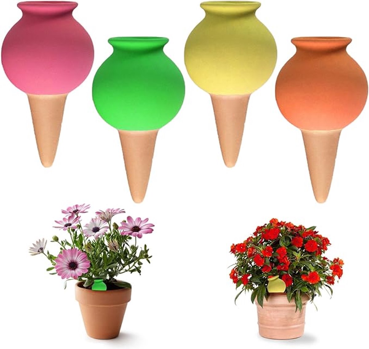 Verpakking met 4 druppelaars, druppelsgewijze bewatering, bolvormig ontwerp, automatische waterafgifte, zorgeloos wanneer u weg bent, geschikt voor diverse bloempotten (1 set/400 ML)