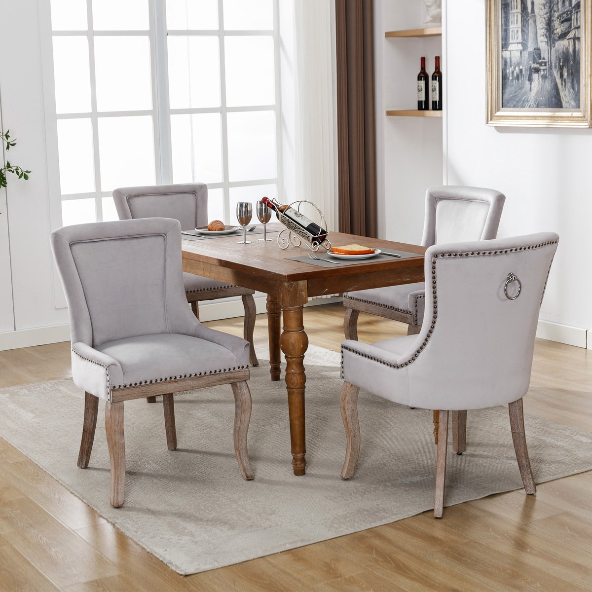 OKWISH Eetkamerstoel - Luxe Gestoffeerde Stoel Met Nagelkopdetails - Set Van 4 - Fluweel - Grijs