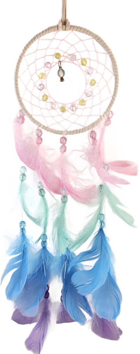 BamBella Droomvanger - veren - 57cm hoog - veren kralen roze blauw groen multicolour
