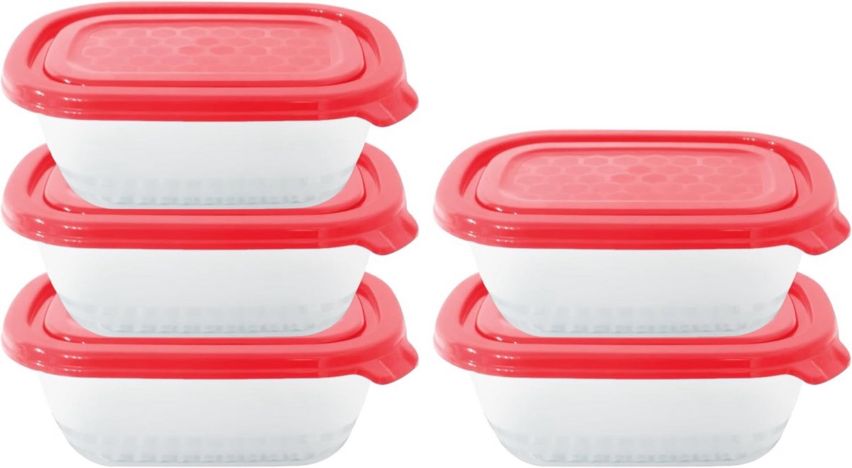 Voedsel Bewaarcontainers - Opslag Bakjes - Keuken Voorraad - Magnetron Vriezer Vaatwasser - 500 ml Set - Rode Deksel