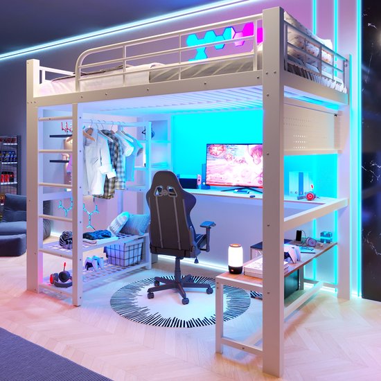 Hoogslaper 140x200 cm - Wit - Metaal - Hoogslaper Met LED-lichtstrip, Planken, Hoogslaper Met Houten Bureau & Wasrek - Tienerhoogslaper - Kinderhoogslaper - Zonder Matras - Ruimtebesparend - Modern Design