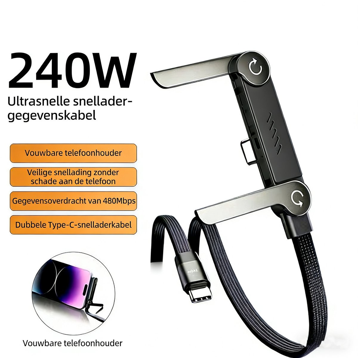 Type-C naar Type-C gebogen oplaadkabel met gamehouder, 240W, 1,5m, geschikt voor iPhone 15-17, Huawei, Samsung- Beeldscherm Display Monitor PC Kabel - O.a compatibel met laptop, PC & Macbook