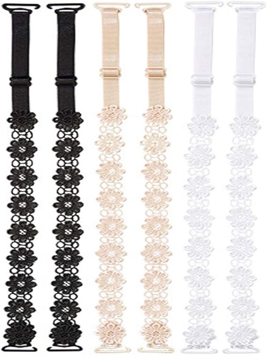 Bh Bandjes - Vervangende Bh-Bandjes - Verstelbare Bh Bandjes - Kant En Bloemen Kant Design Voor Draagcomfort En Elegante Uitstraling - 6 Stuks - Zwart Crème Wit