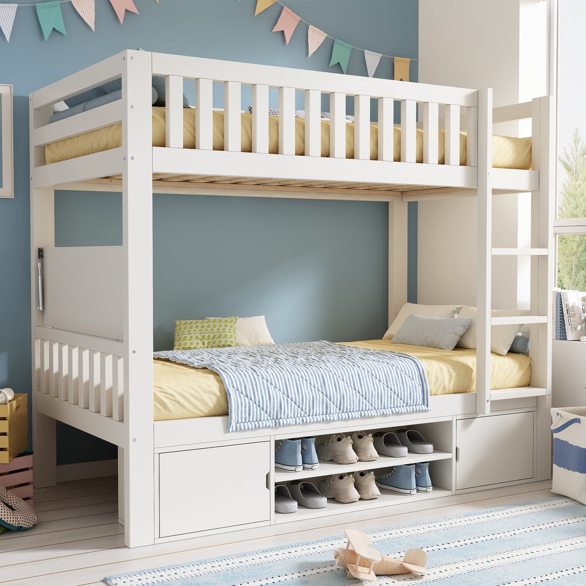Merax Stapelbed 90x200 cm - kinderbed met opvouwbaar tafelblad en ingebouwde schoenenrek - met bedbodem - wit - zonder matras