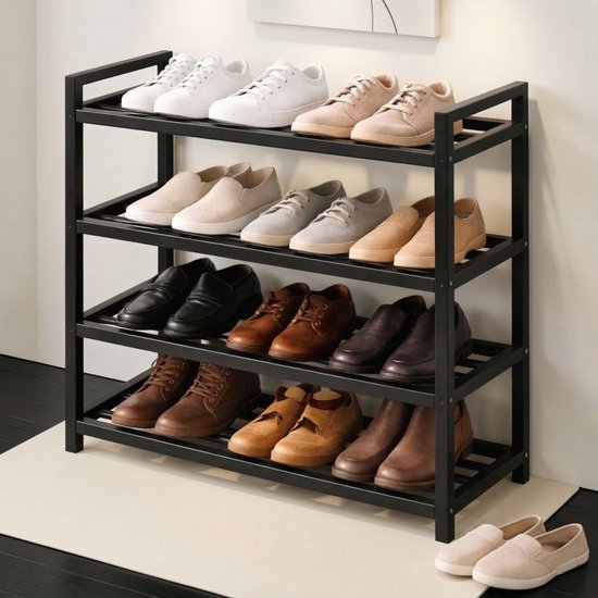 BOTC Schoenenrek - 4 Lagen - Schoenenkas - 90x25x58cm - Voor 16+ paar schoenen - Metaal - Zwart