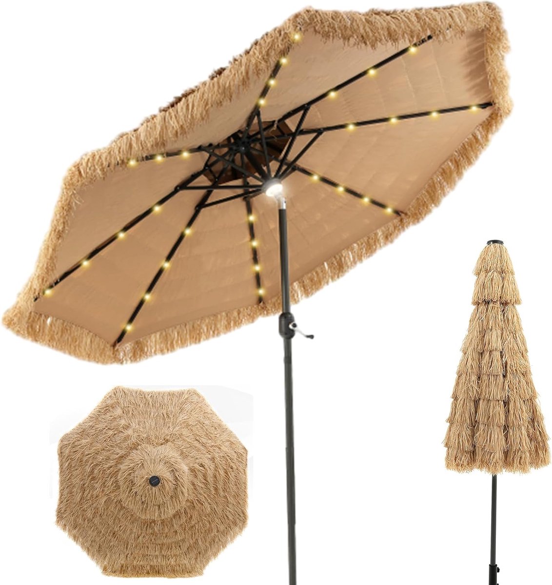 KOMFOTTEU Hawaiiaanse strandparasol met LED-zonneverlichting - 270 cm - stroparasol van PE - kantelbaar - parasol - voor tuin, balkon