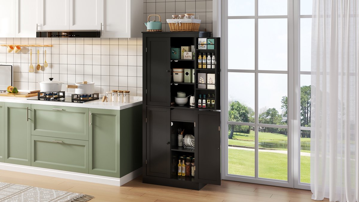 Keukenkast Hoge Kasten Buffetkast Met 2 Planken Deuren Opbergvakken En Lade - 182x40x75 - zwart