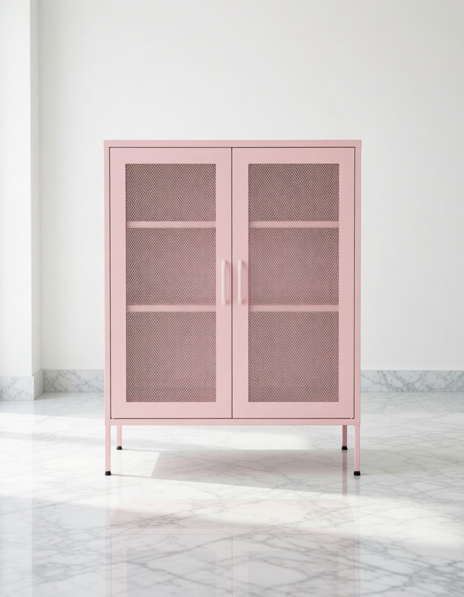 Modern Roze Metaal Dressoir met 2 Deuren en Ventilatierooster – Stijlvolle Kast voor Woonk